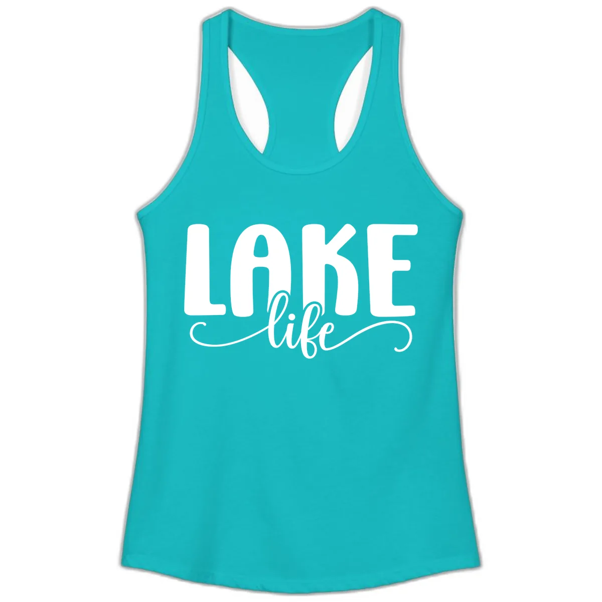 Lake Life Script Typography Design Ladies Tank in Tahiti Blue