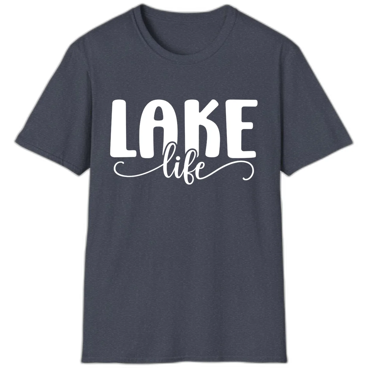 Lake Life Script Typography Design T-Shirt in Heather Navy