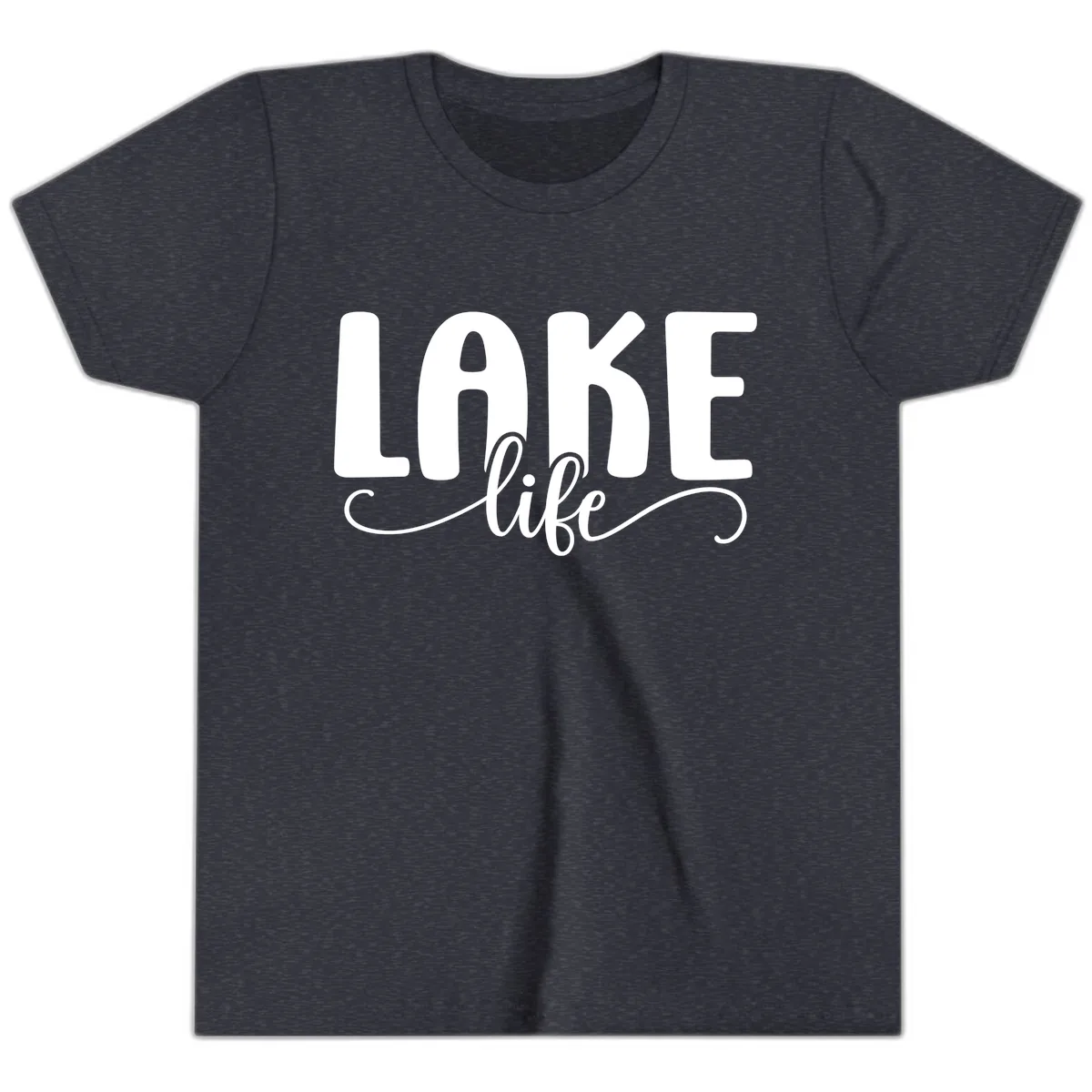 Lake Life Script Typography Design Youth T-Shirt in Heather Navy