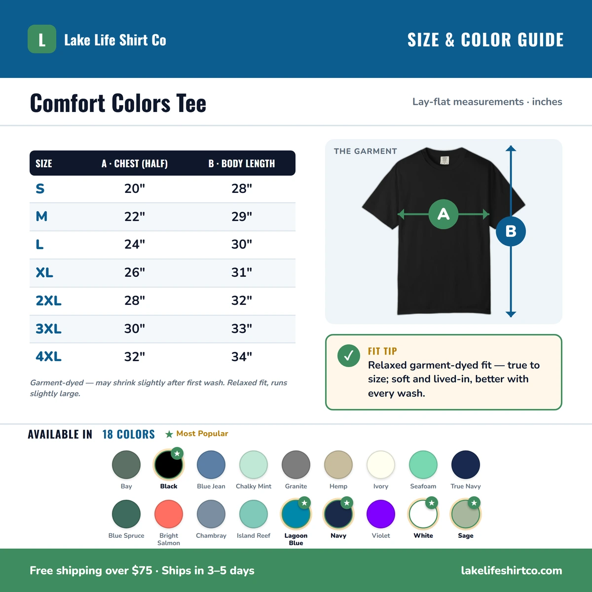 Comfort Color size & color guide