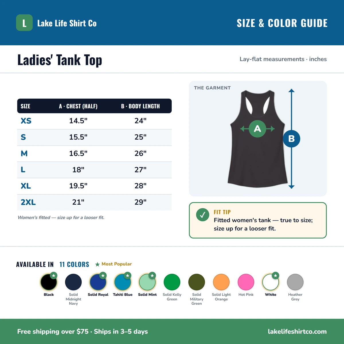 Ladies Tank size & color guide
