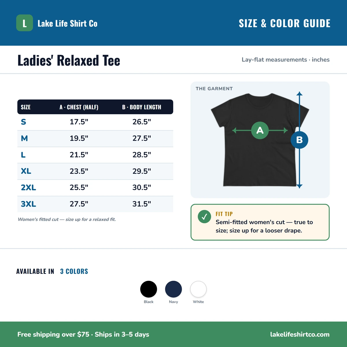 Ladies Tee size & color guide