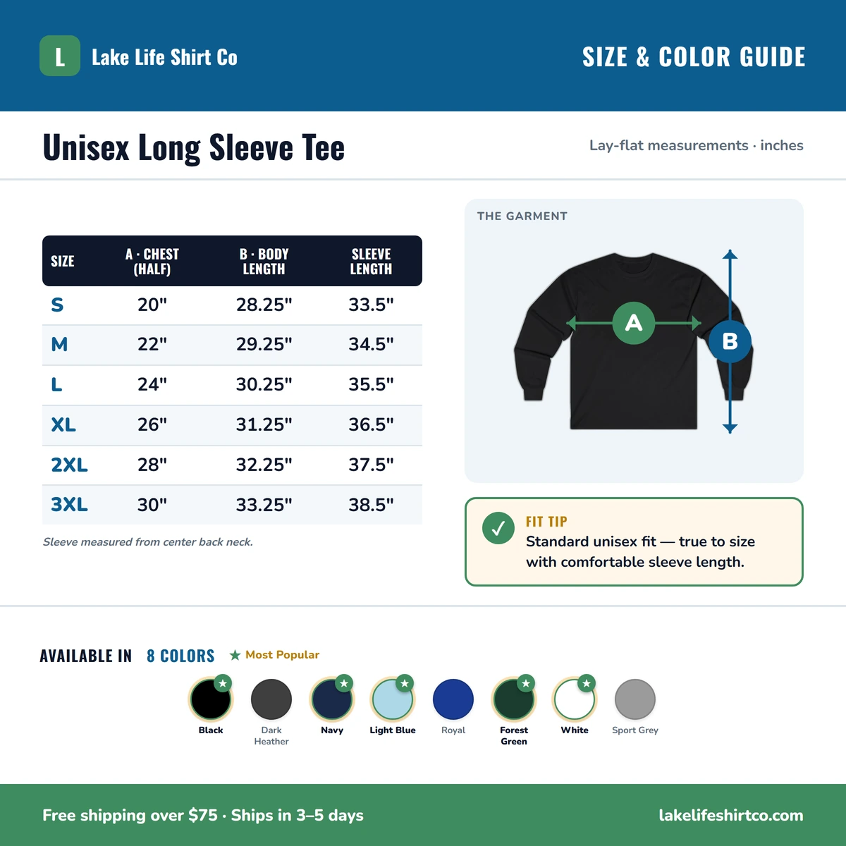Long Sleeve size & color guide