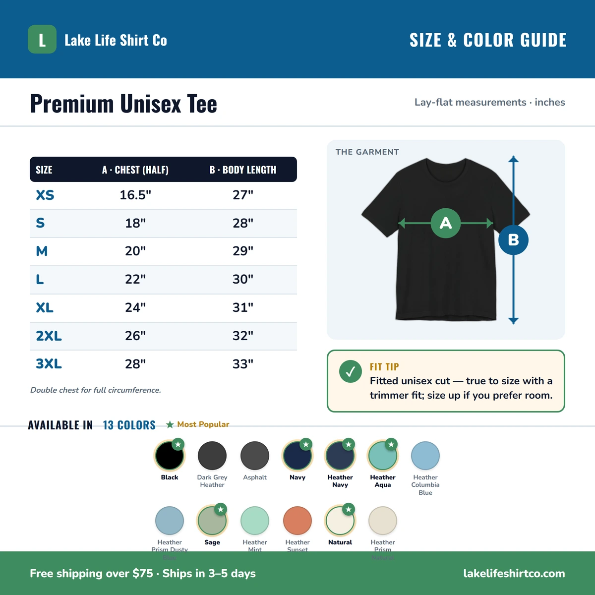 Premium T-Shirt size & color guide