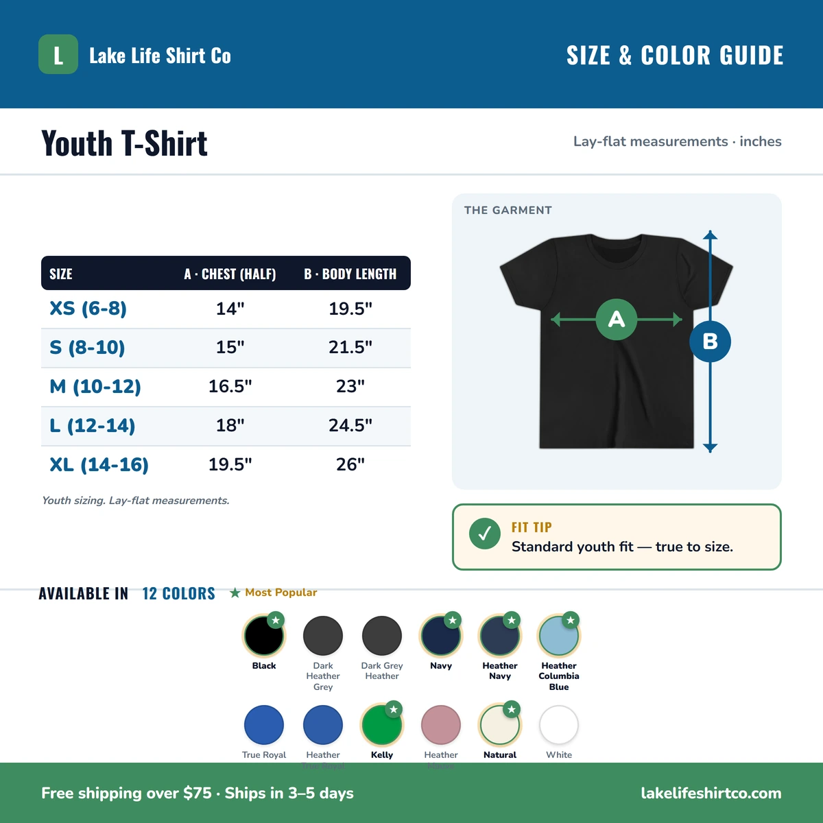 Youth T-Shirt size & color guide