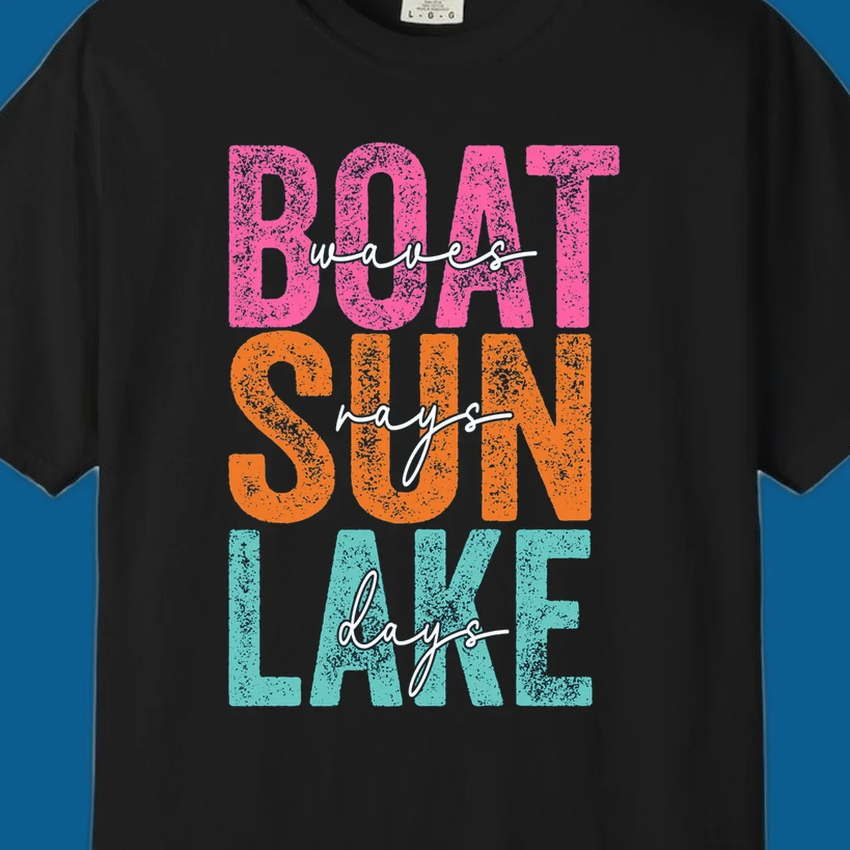 Boat waves sun lake days text design