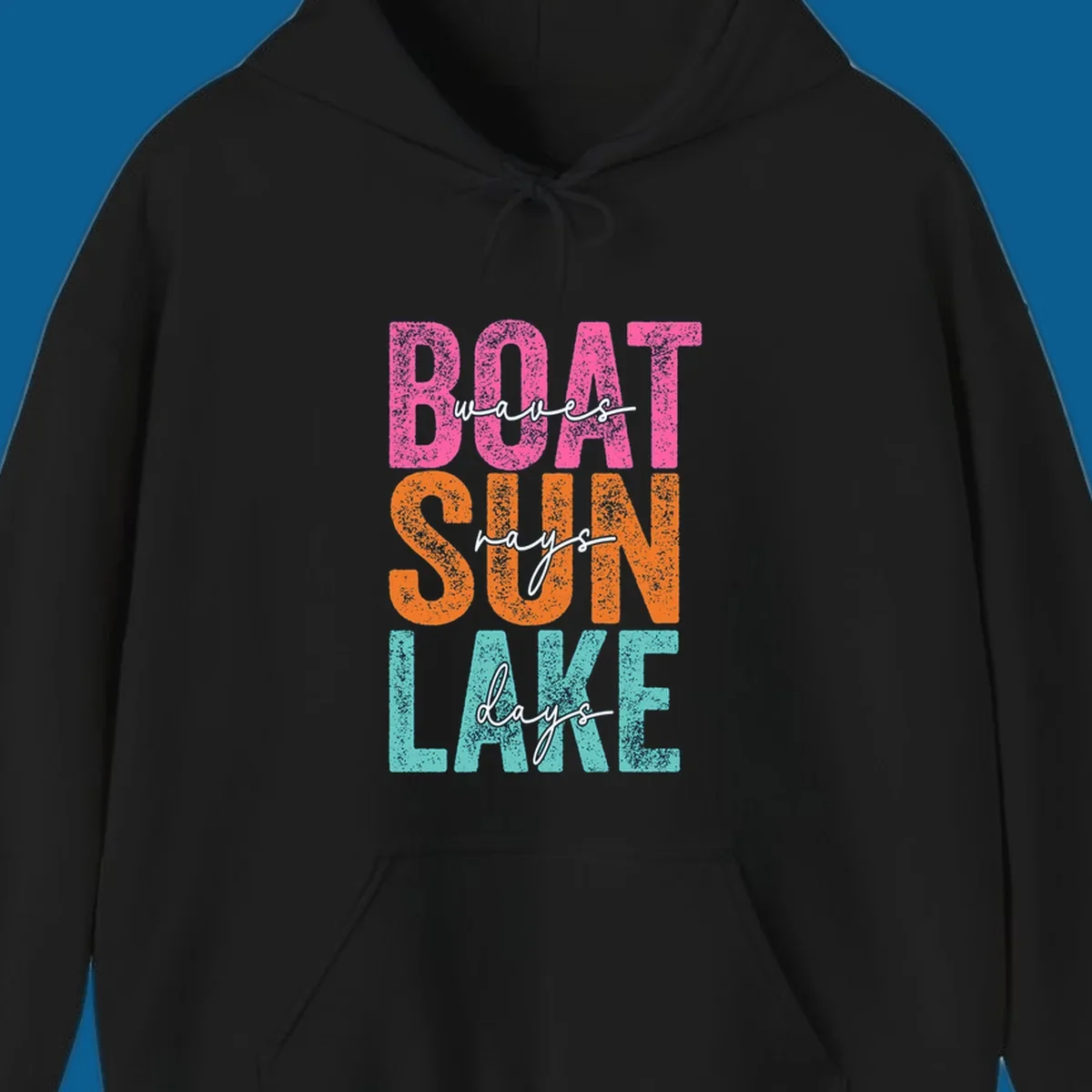 Boat waves sun lake days text design