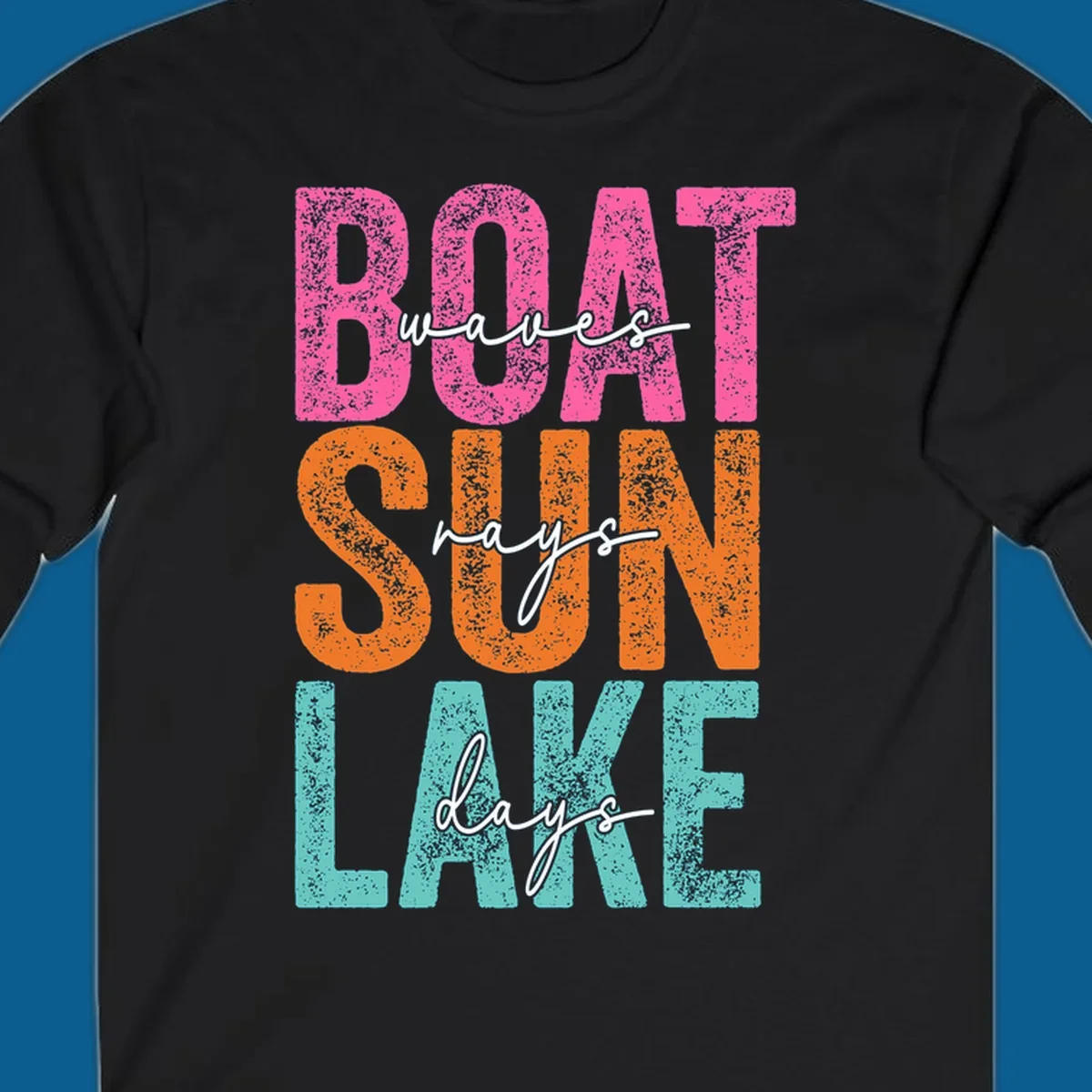 Boat waves sun lake days text design