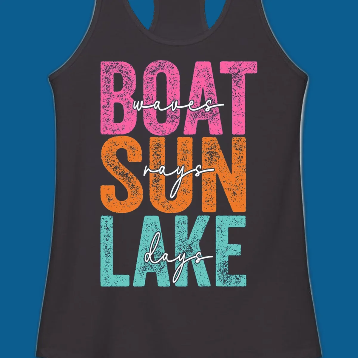 Boat waves sun lake days text design