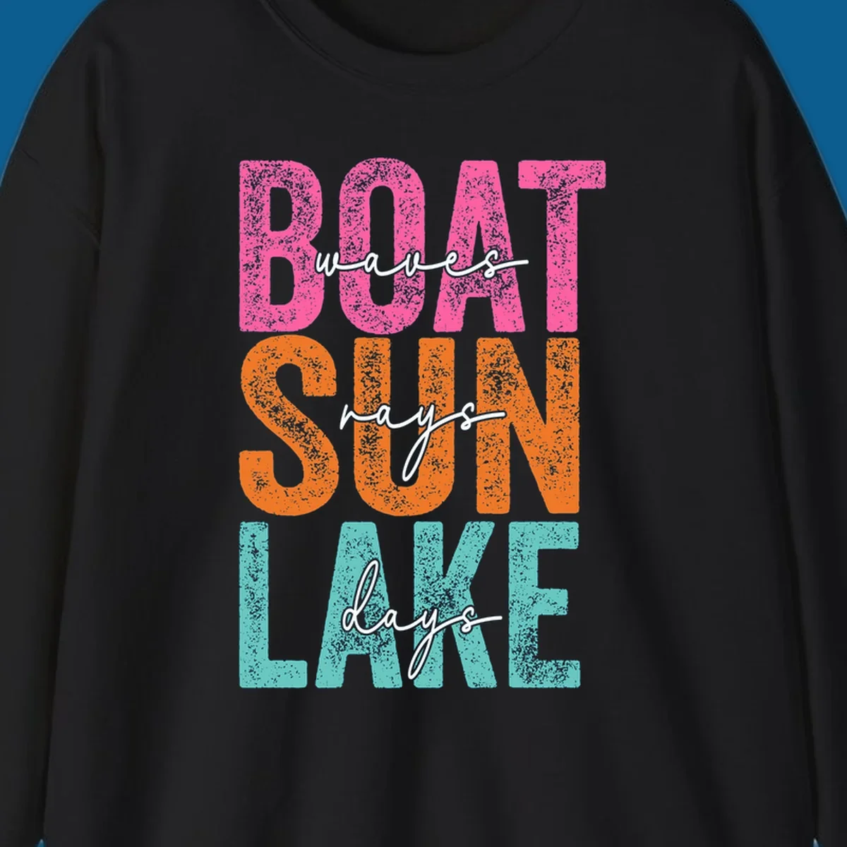 Boat waves sun lake days text design