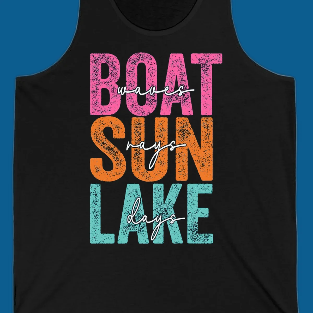 Boat waves sun lake days text design