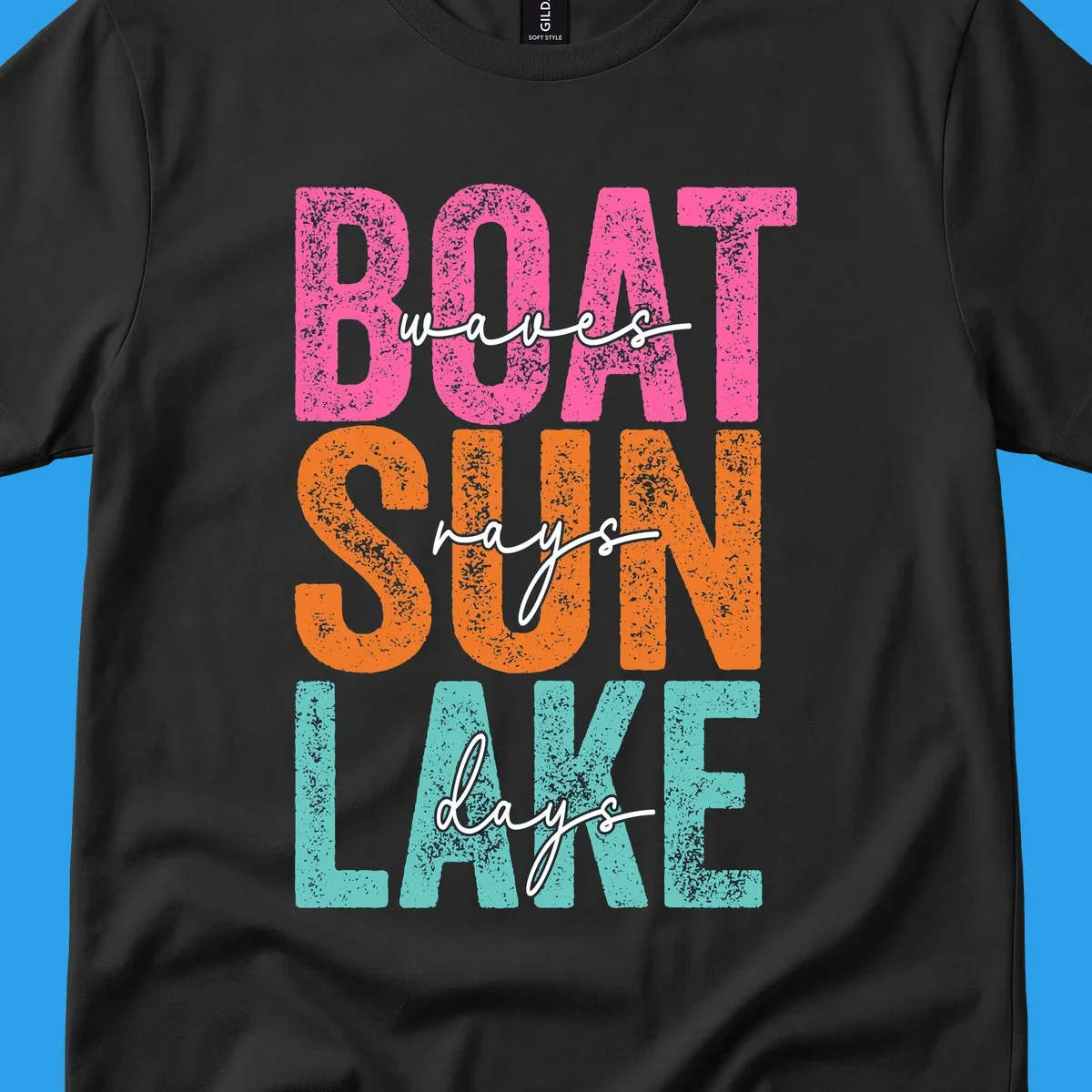 Boat waves sun lake days text design