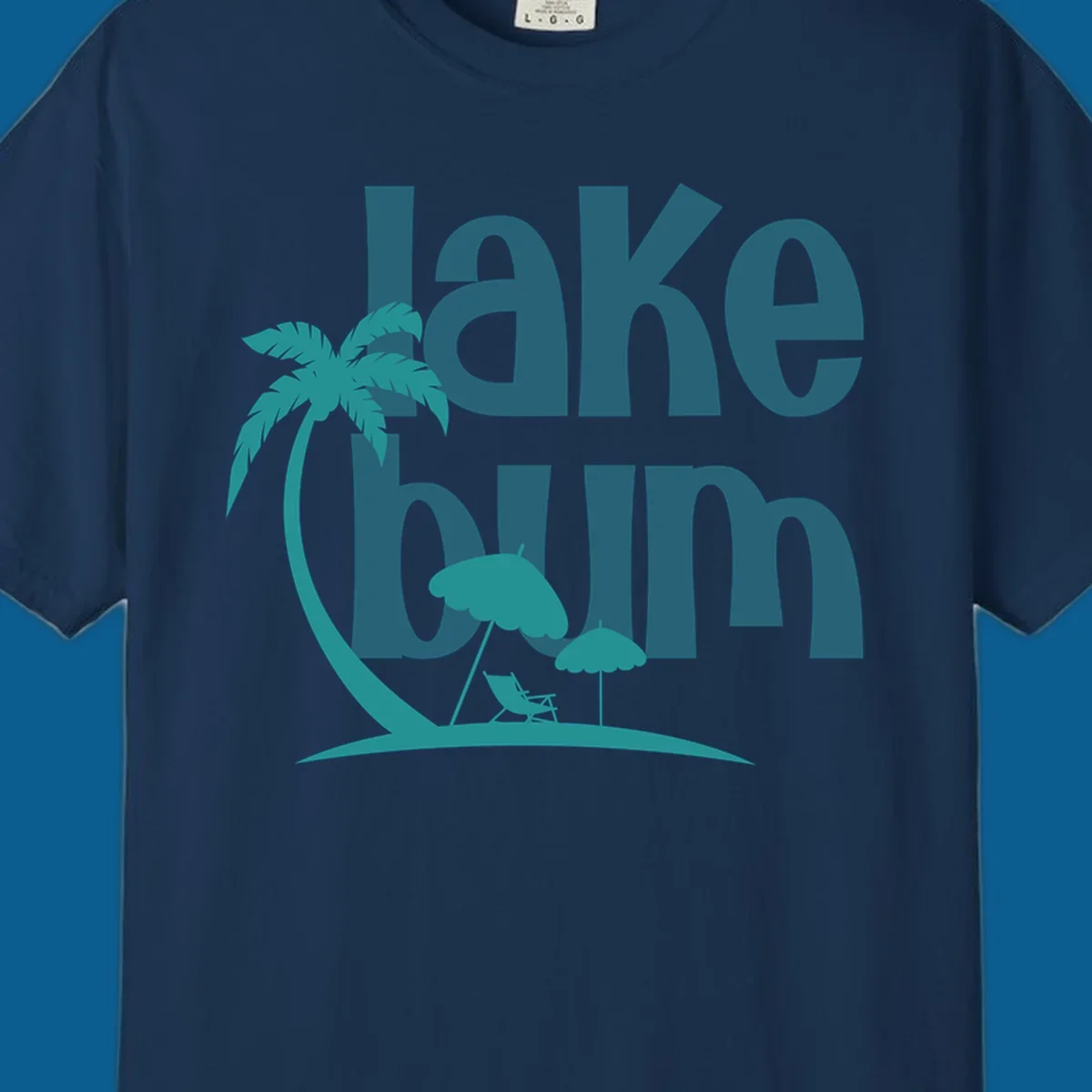 Lake bum text with palm tree and beach scene graphic.