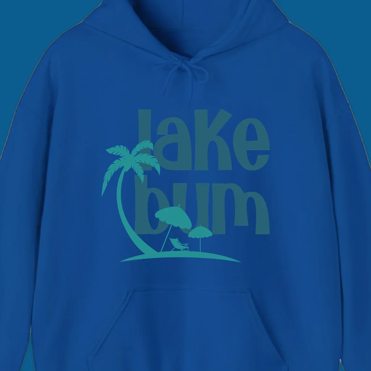 Lake bum text with palm tree and beach scene graphic.