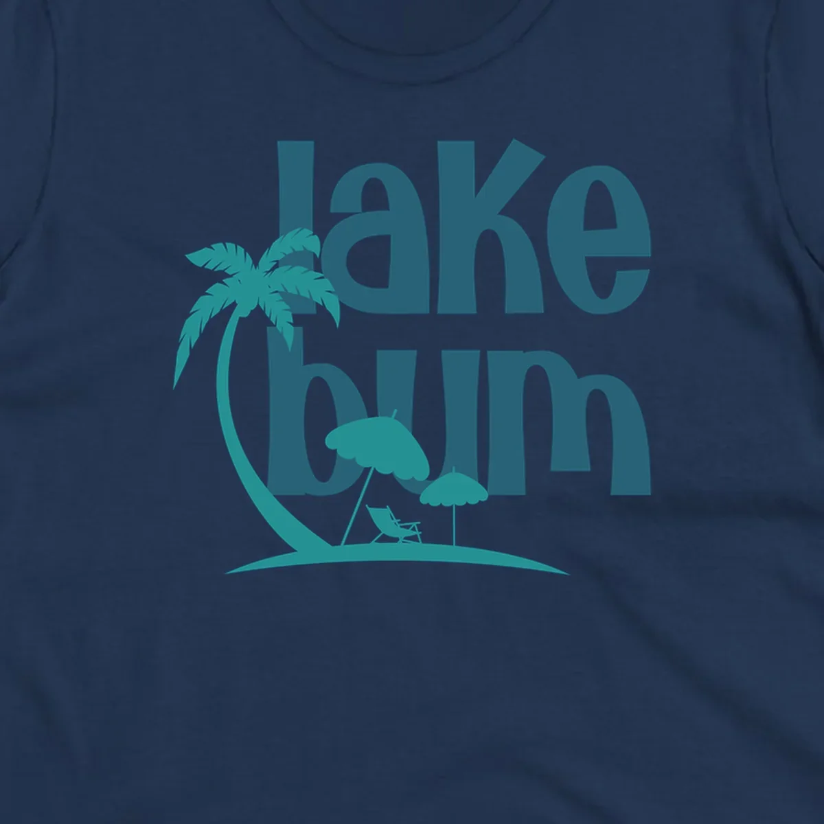 Lake bum text with palm tree and beach scene graphic.