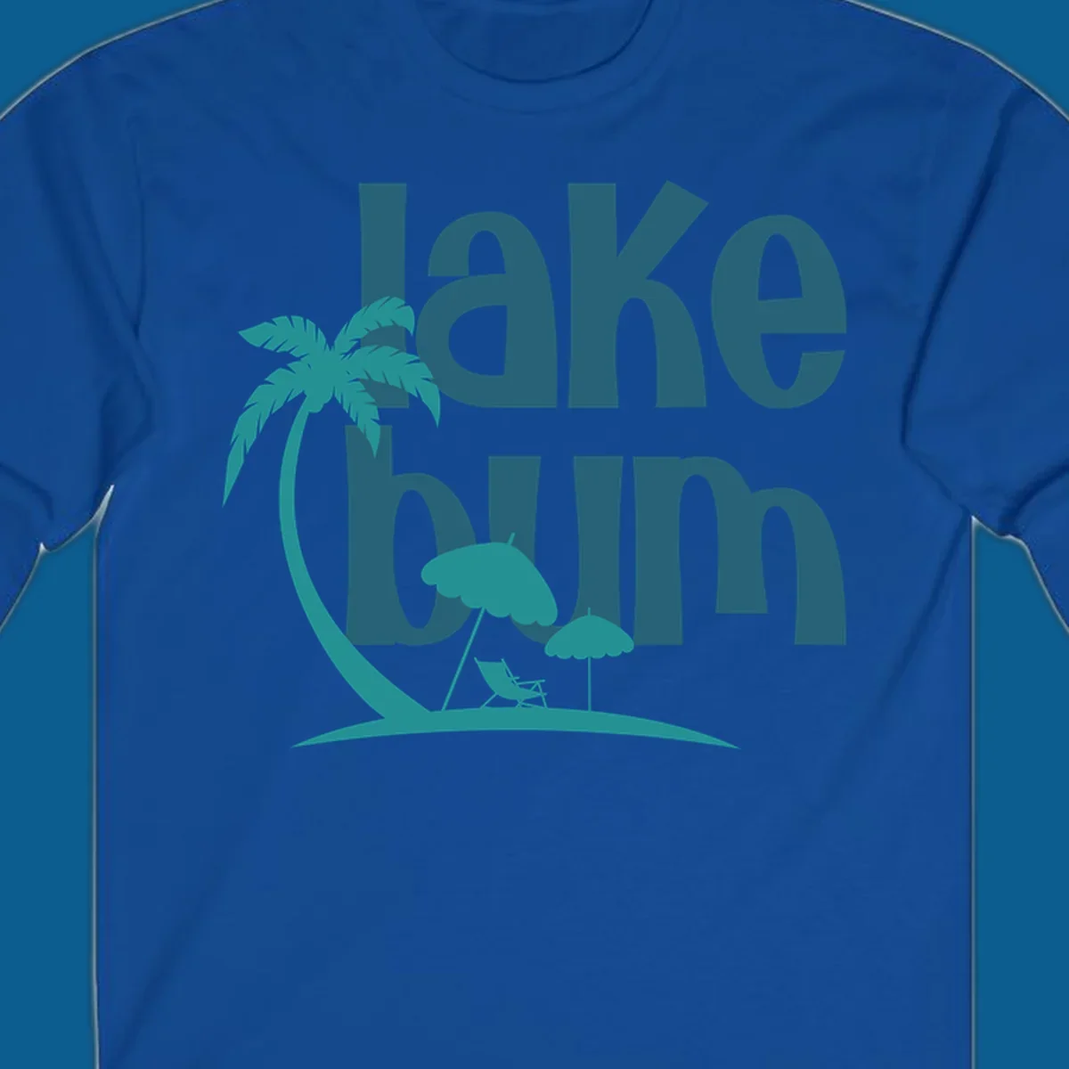 Lake bum text with palm tree and beach scene graphic.