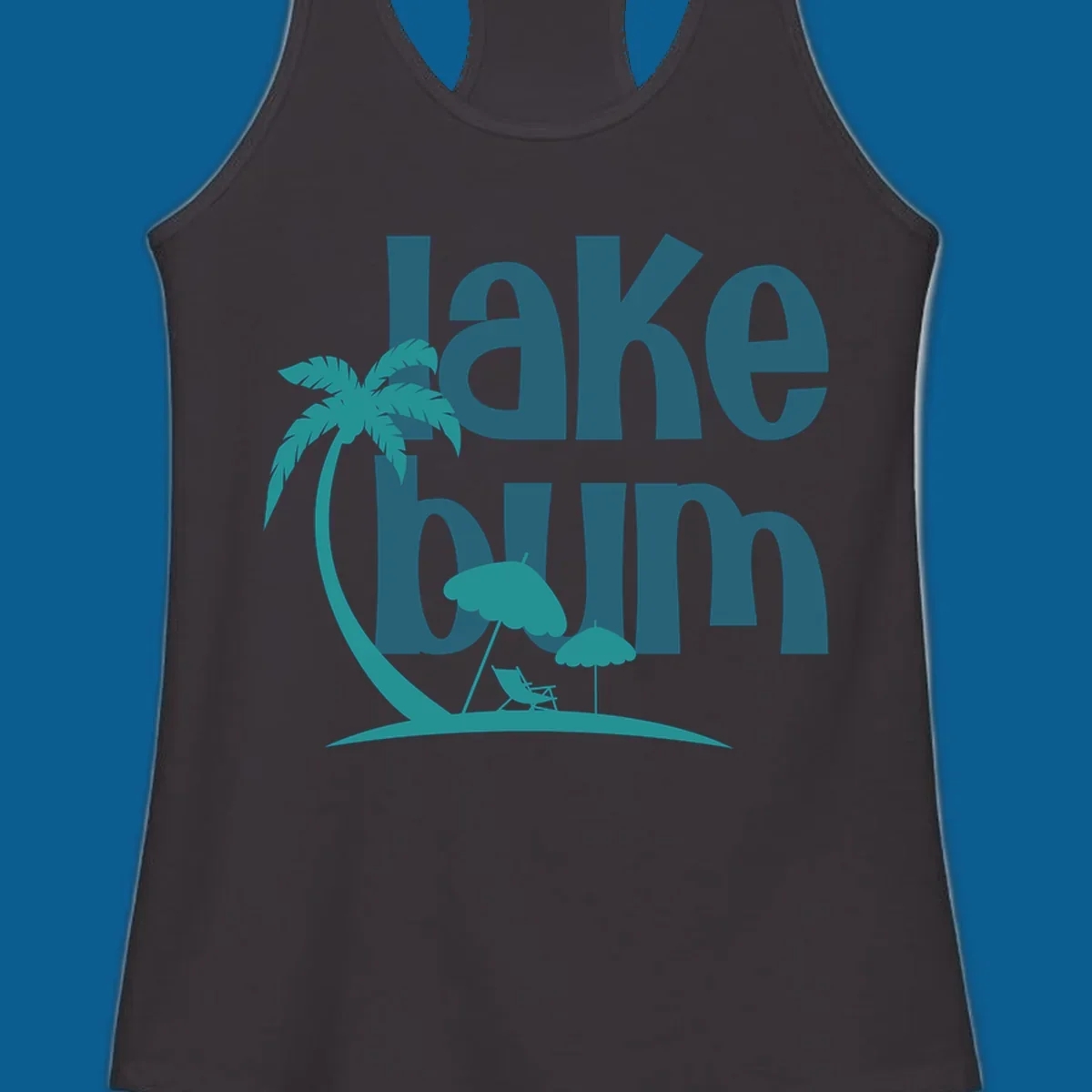 Lake bum text with palm tree and beach scene graphic.