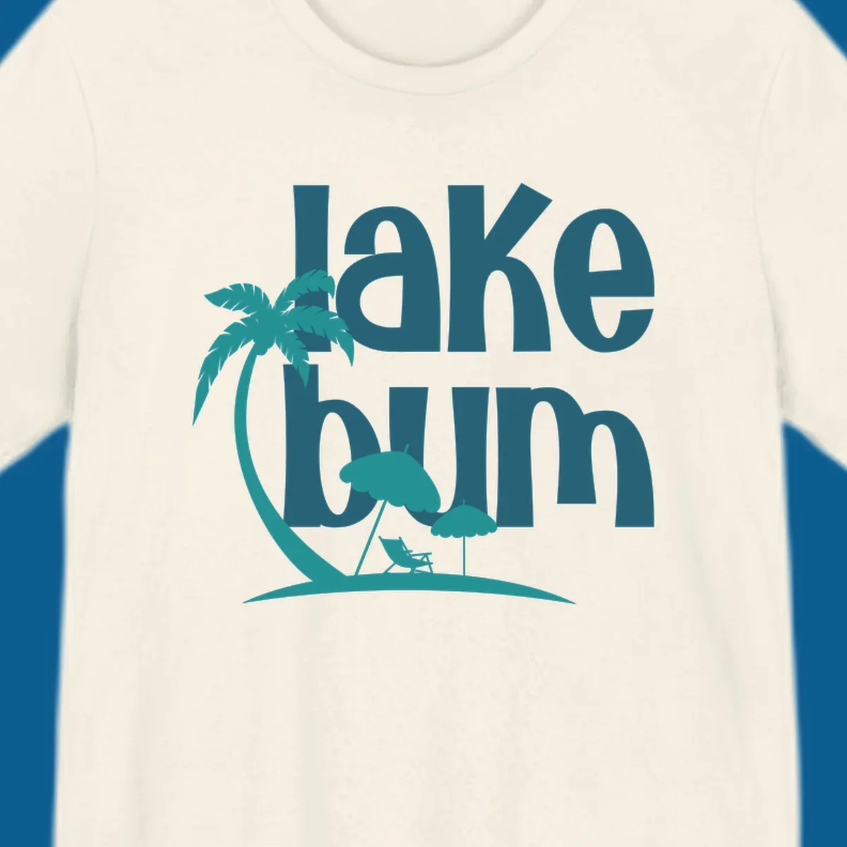 Lake bum text with palm tree and beach scene graphic.