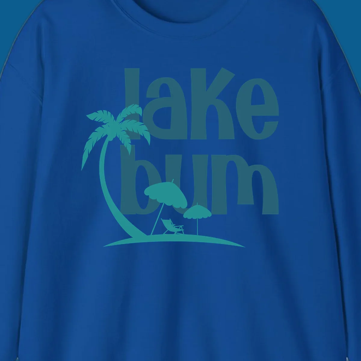 Lake bum text with palm tree and beach scene graphic.