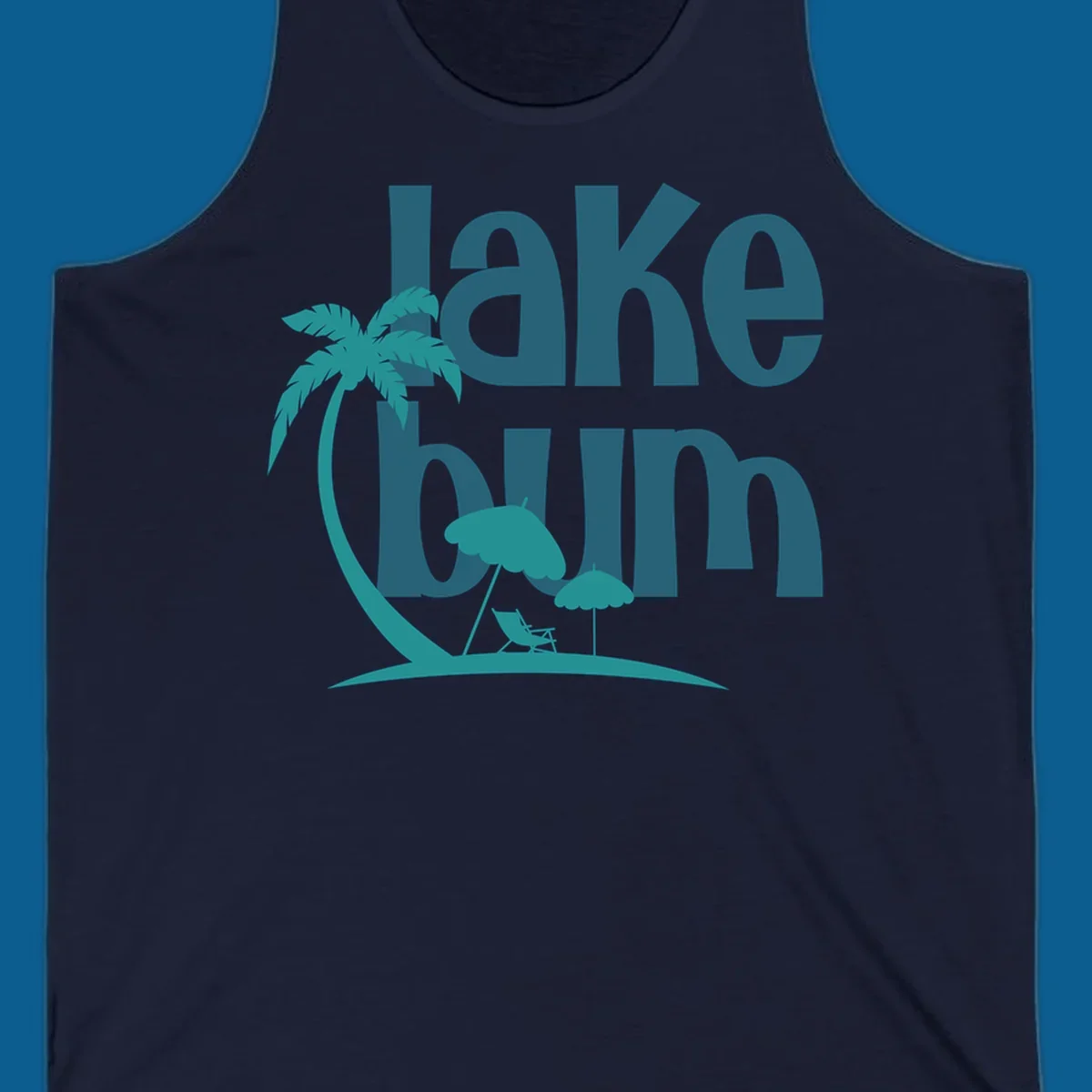Lake bum text with palm tree and beach scene graphic.