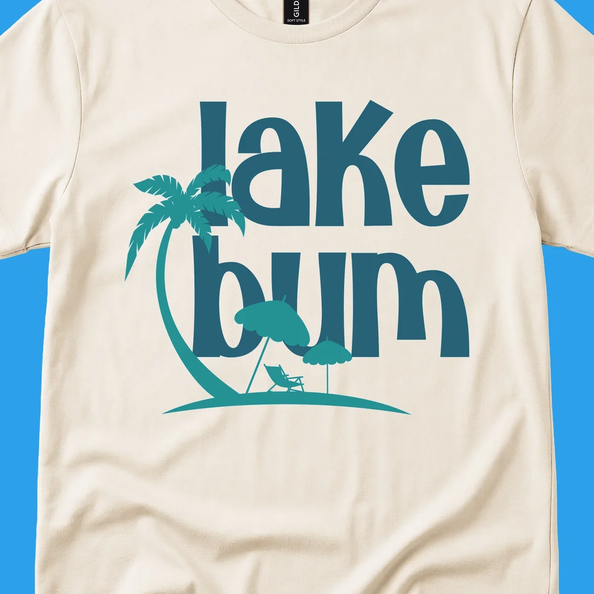 Lake bum text with palm tree and beach scene graphic.