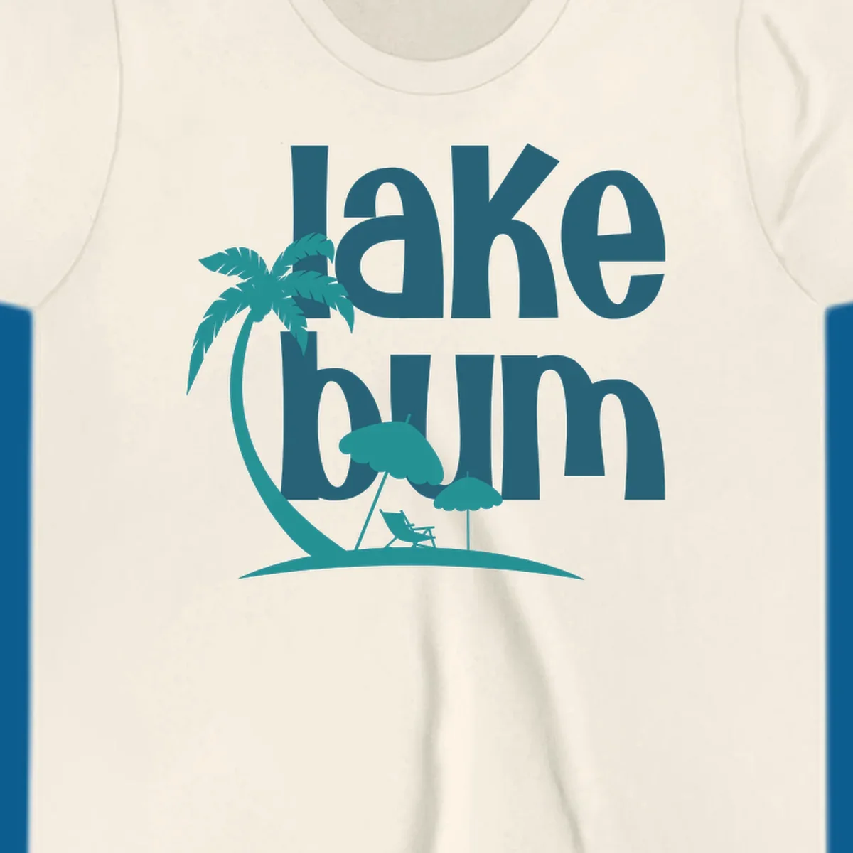 Lake bum text with palm tree and beach scene graphic.