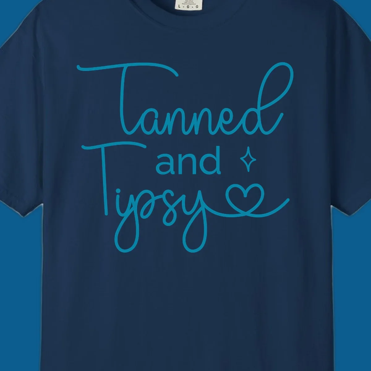 Tanned and Tipsy text with star and heart graphic