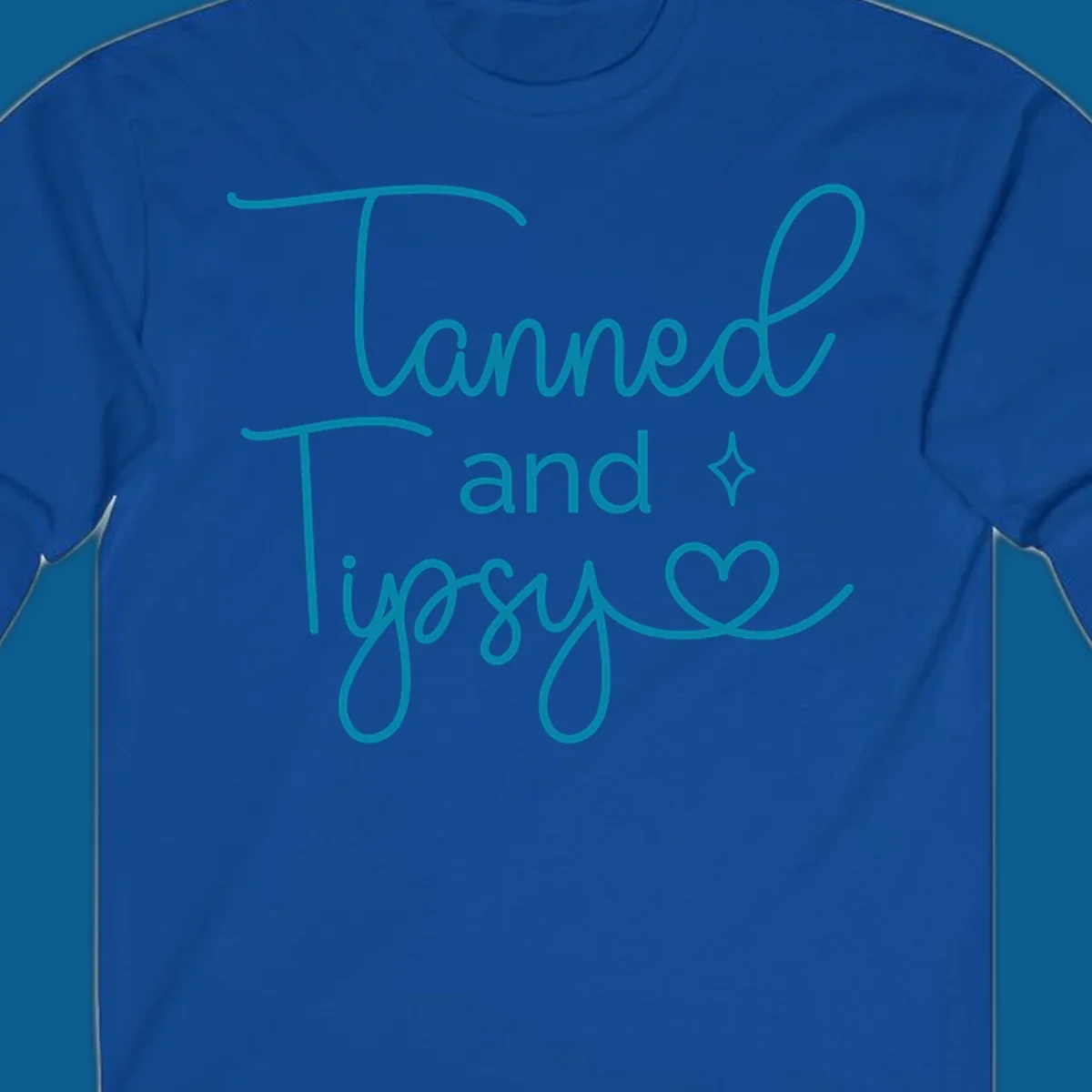 Tanned and Tipsy text with star and heart graphic