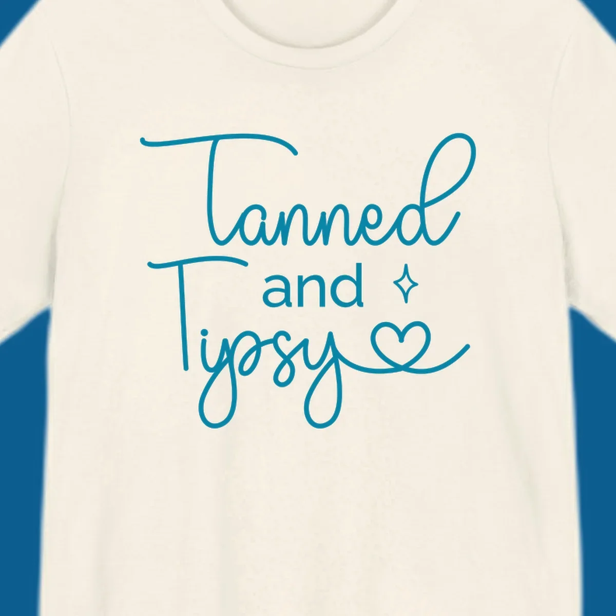 Tanned and Tipsy text with star and heart graphic