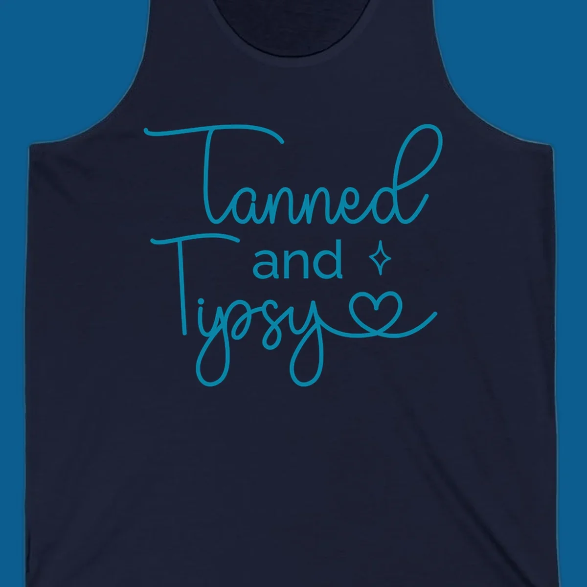 Tanned and Tipsy text with star and heart graphic