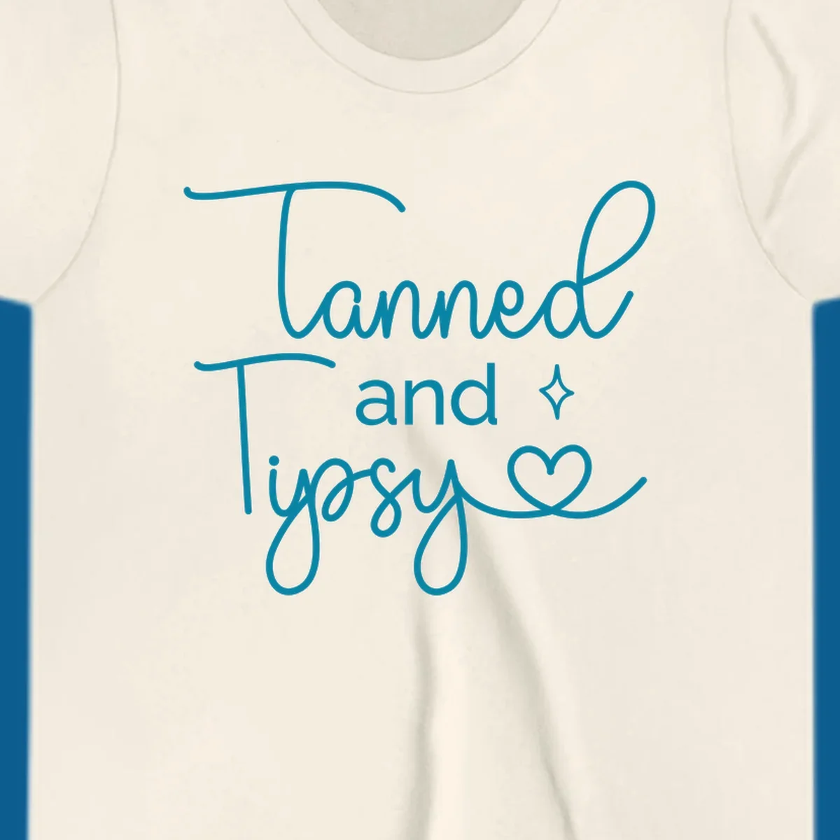 Tanned and Tipsy text with star and heart graphic