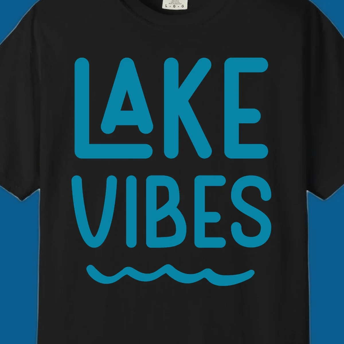 Lake Vibes text design with teal lettering and wavy water graphic.