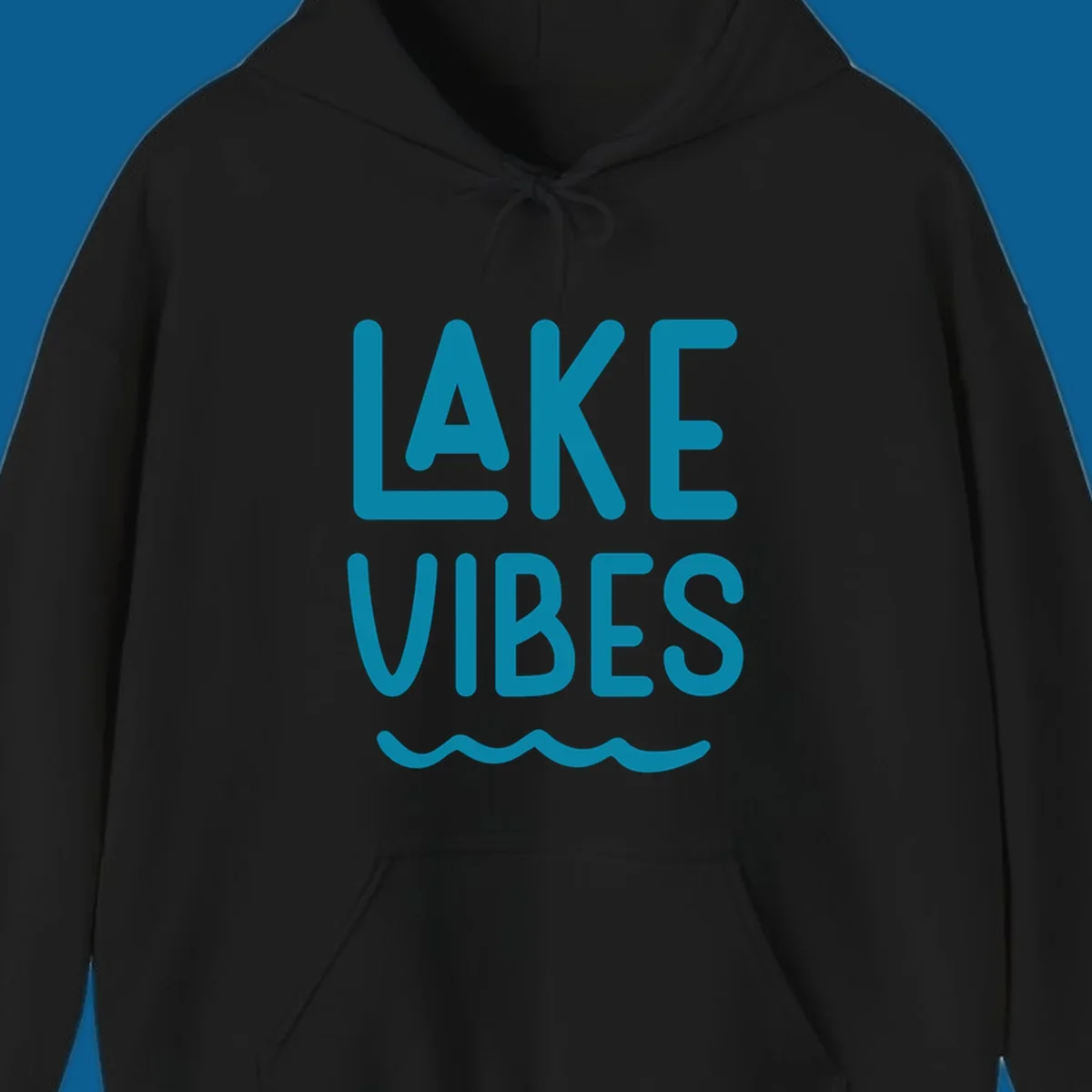 Lake Vibes text design with teal lettering and wavy water graphic.