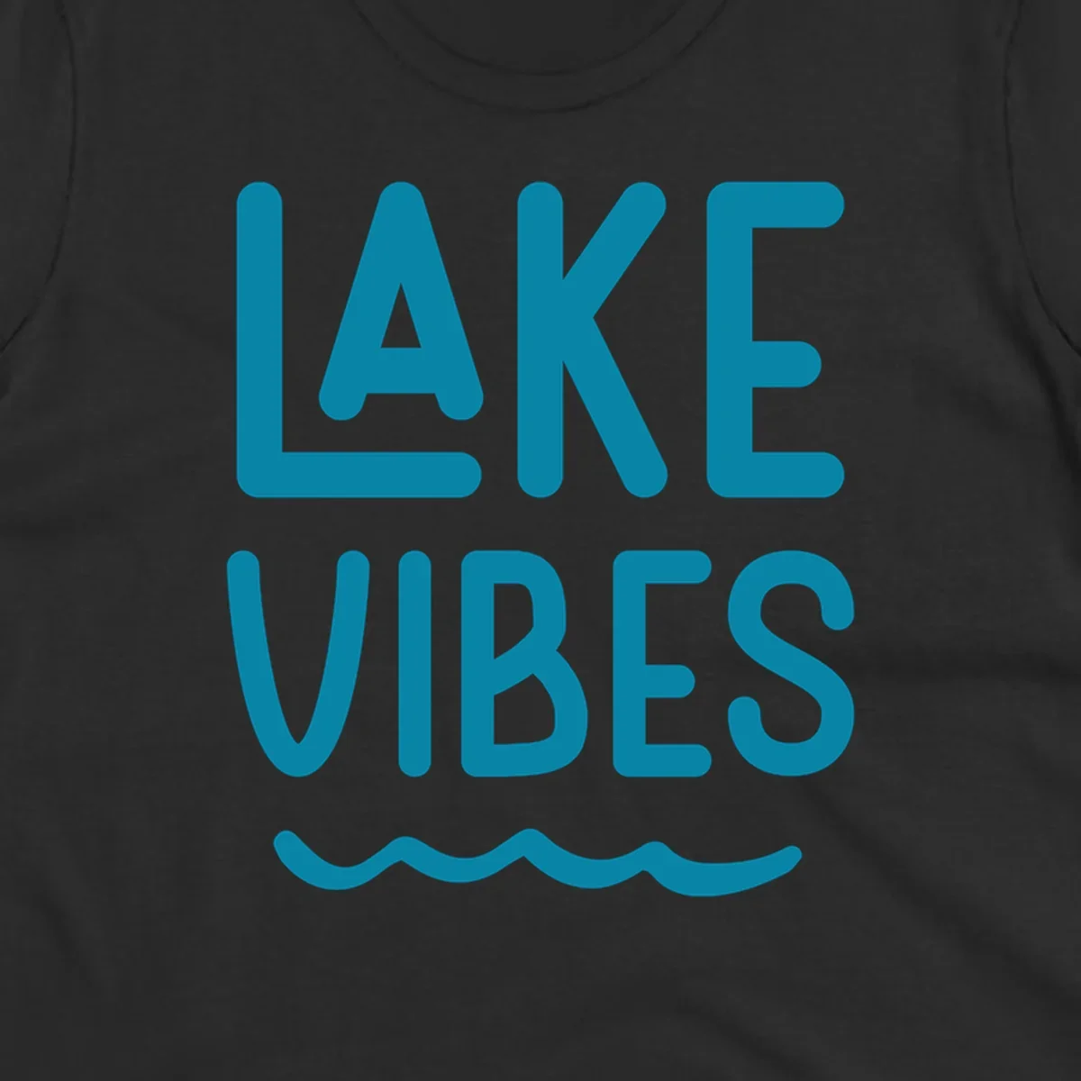 Lake Vibes text design with teal lettering and wavy water graphic.