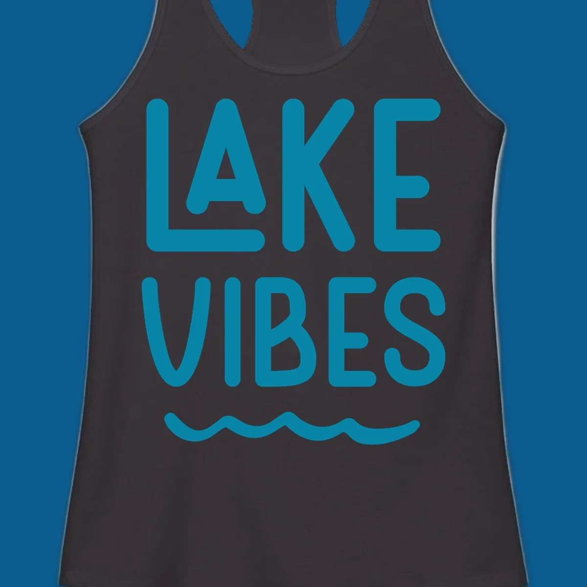 Lake Vibes text design with teal lettering and wavy water graphic.