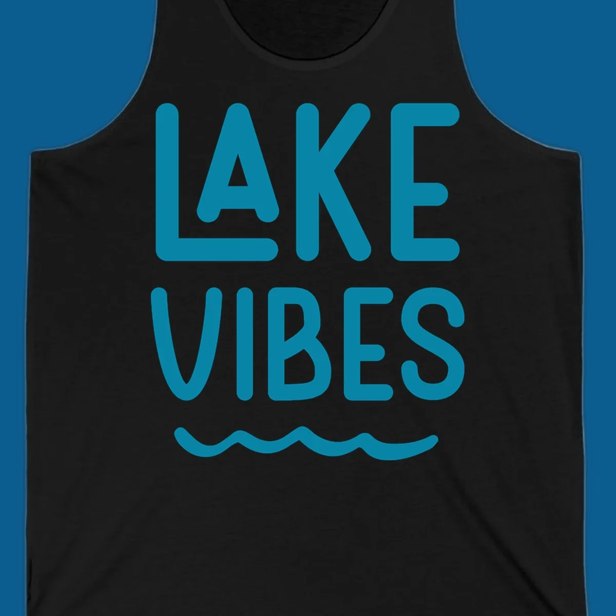 Lake Vibes text design with teal lettering and wavy water graphic.