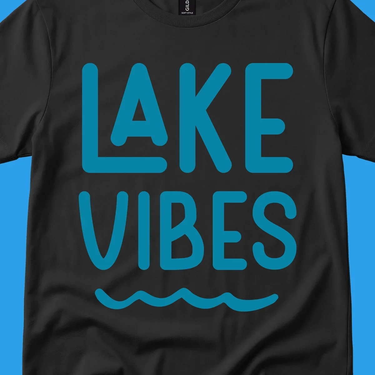 Lake Vibes text design with teal lettering and wavy water graphic.