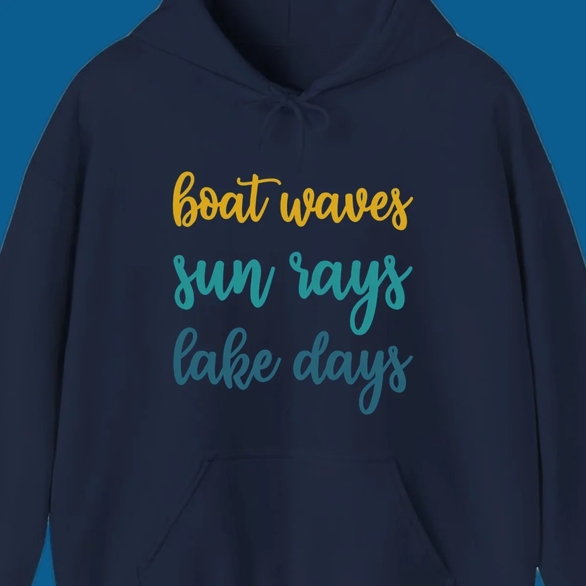 boat waves sun rays lake days text in gold teal and blue, lake life vibes
