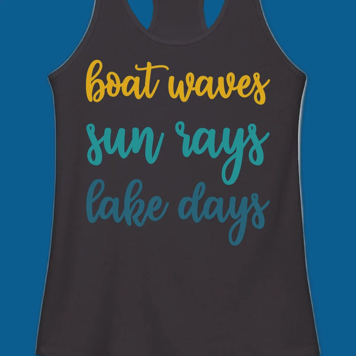 boat waves sun rays lake days text in gold teal and blue, lake life vibes