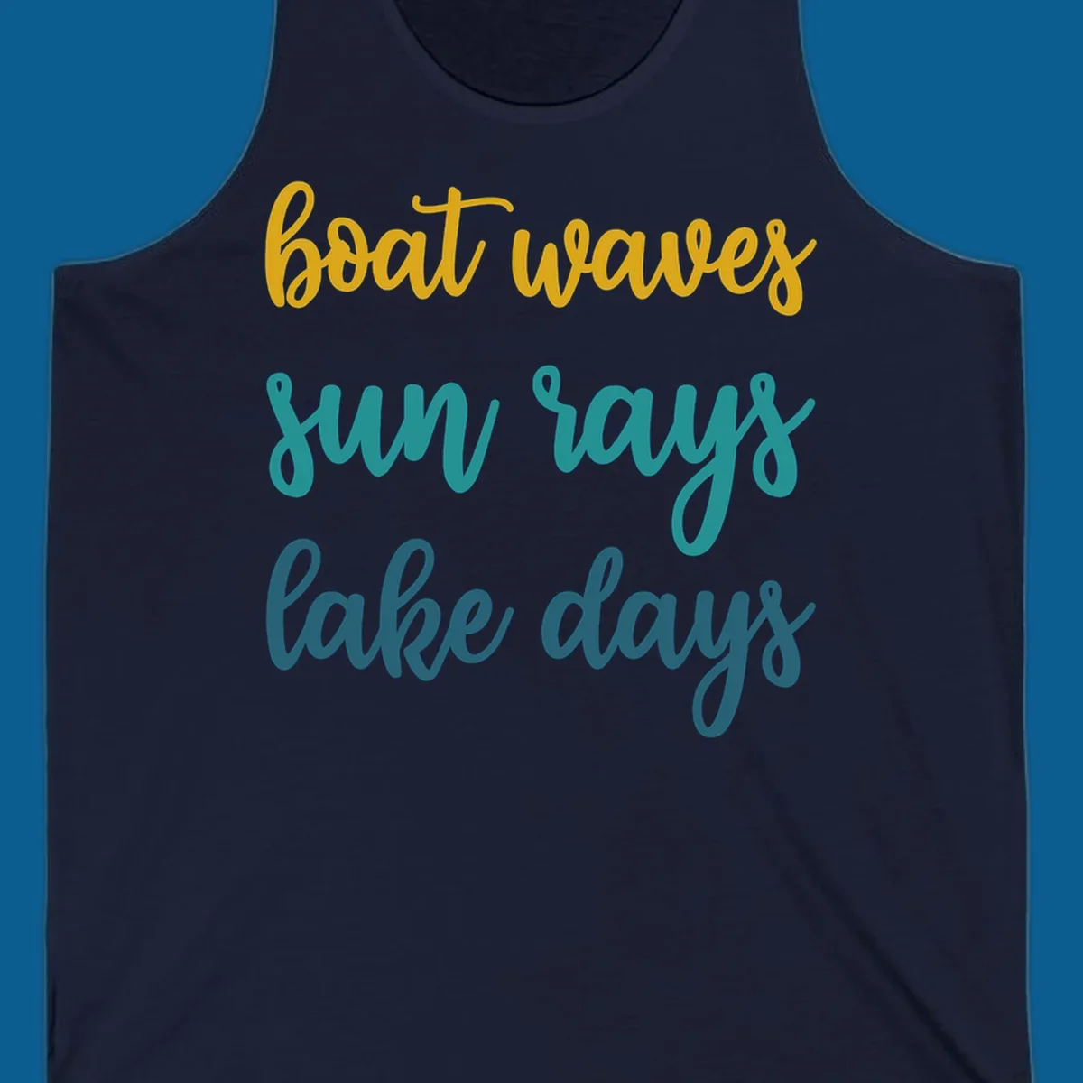 boat waves sun rays lake days text in gold teal and blue, lake life vibes