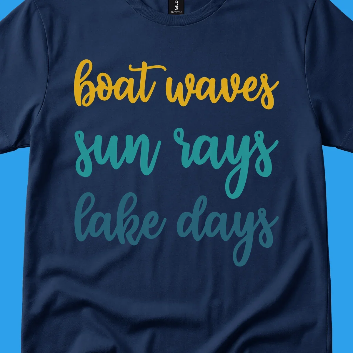 boat waves sun rays lake days text in gold teal and blue, lake life vibes