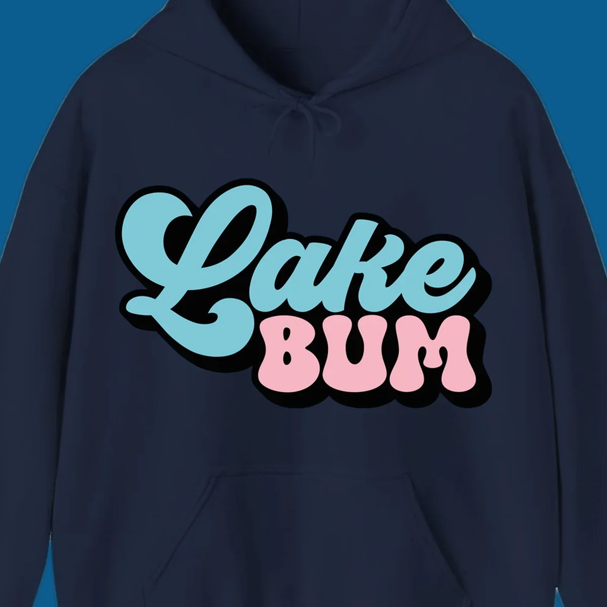 Retro script text design with 'Lake' in light blue and 'BUM' in pink, on a black background. Lake bum style.