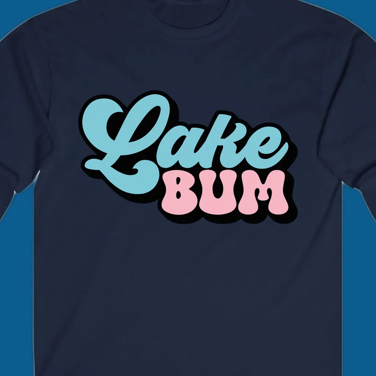 Retro script text design with 'Lake' in light blue and 'BUM' in pink, on a black background. Lake bum style.