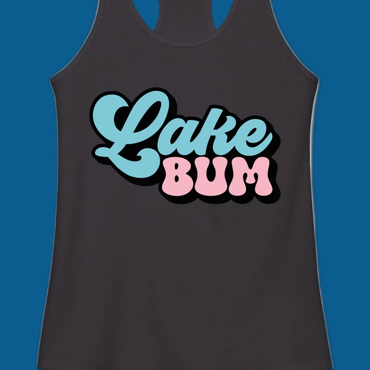 Retro script text design with 'Lake' in light blue and 'BUM' in pink, on a black background. Lake bum style.