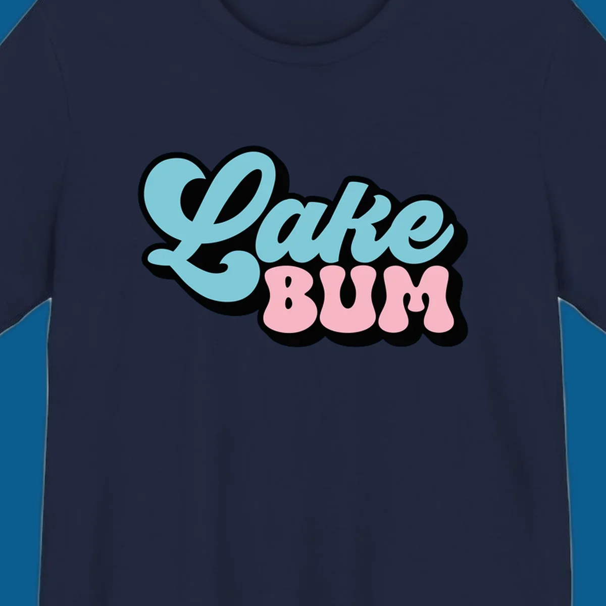 Retro script text design with 'Lake' in light blue and 'BUM' in pink, on a black background. Lake bum style.
