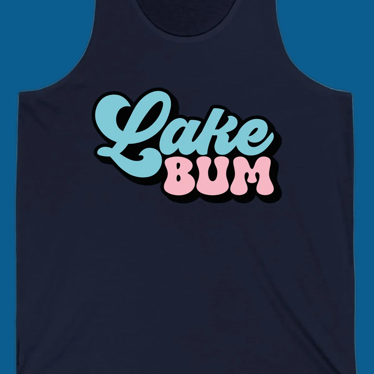 Retro script text design with 'Lake' in light blue and 'BUM' in pink, on a black background. Lake bum style.