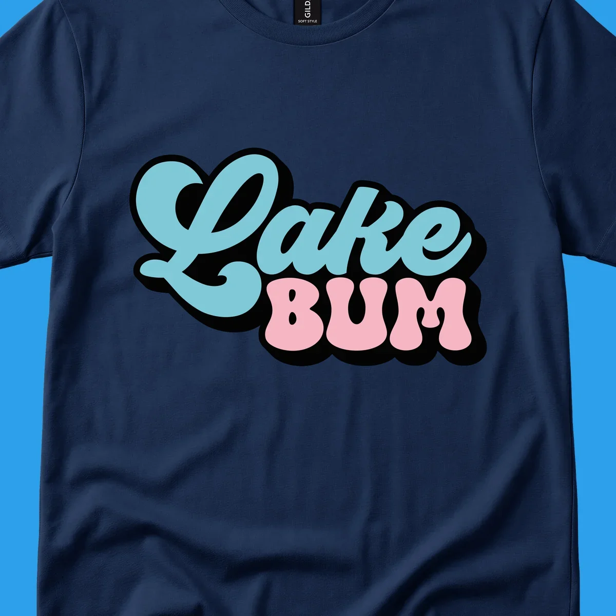 Retro script text design with 'Lake' in light blue and 'BUM' in pink, on a black background. Lake bum style.