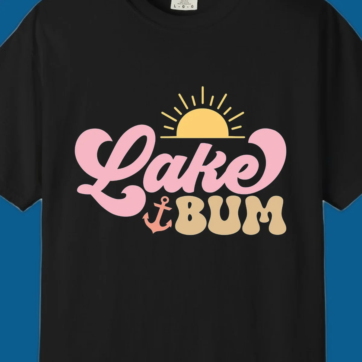 Retro Lake Bum graphic with sun and anchor. lake-bum-retro