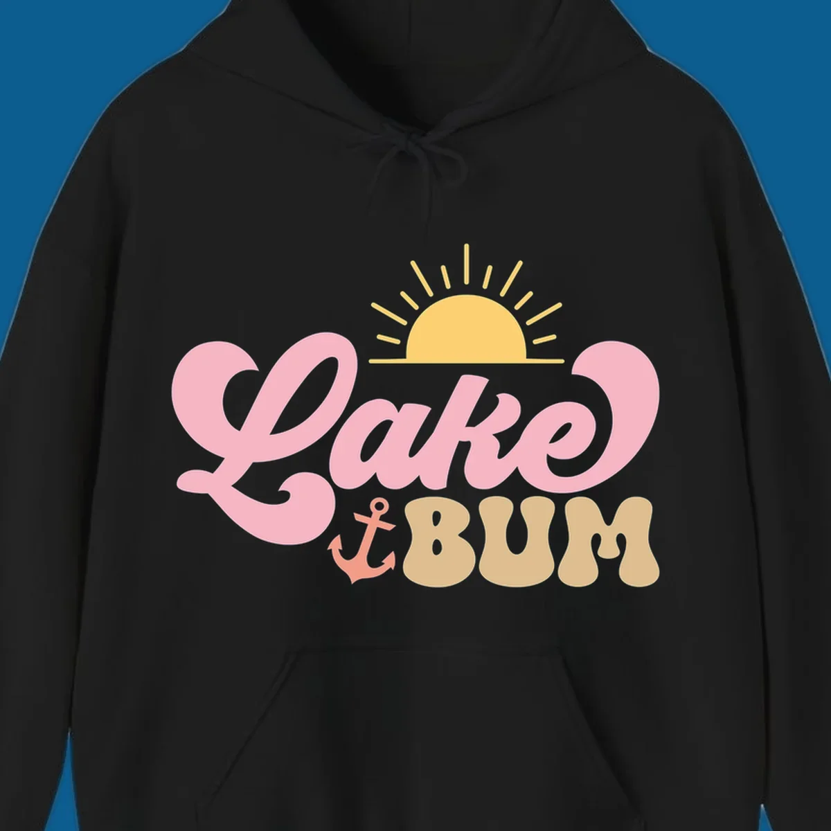 Retro Lake Bum graphic with sun and anchor. lake-bum-retro