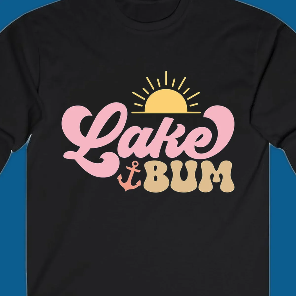Retro Lake Bum graphic with sun and anchor. lake-bum-retro